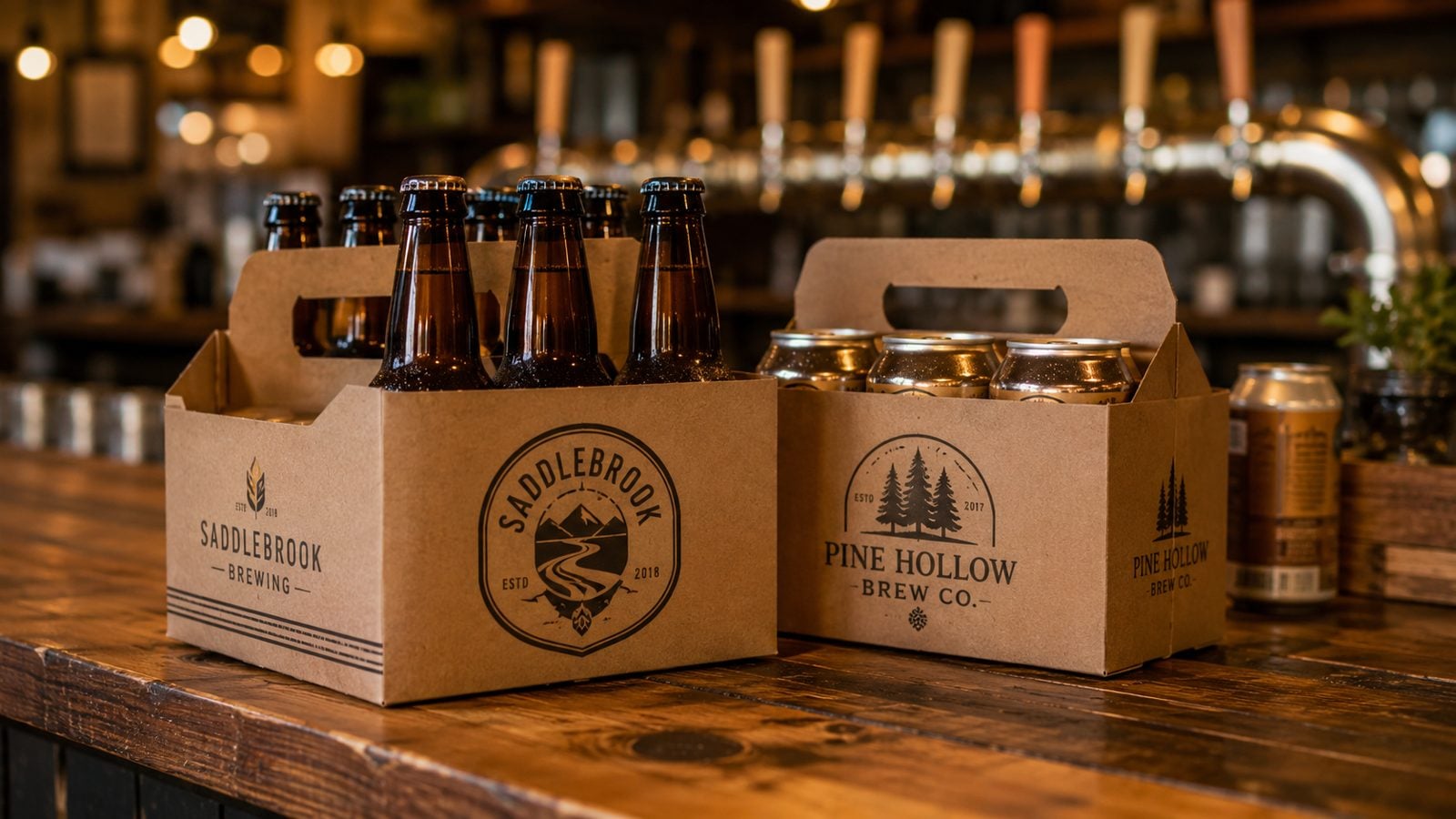 Full-color printed craft beer six-pack carrier holding six cans with a brewery logo on a cooler shelf