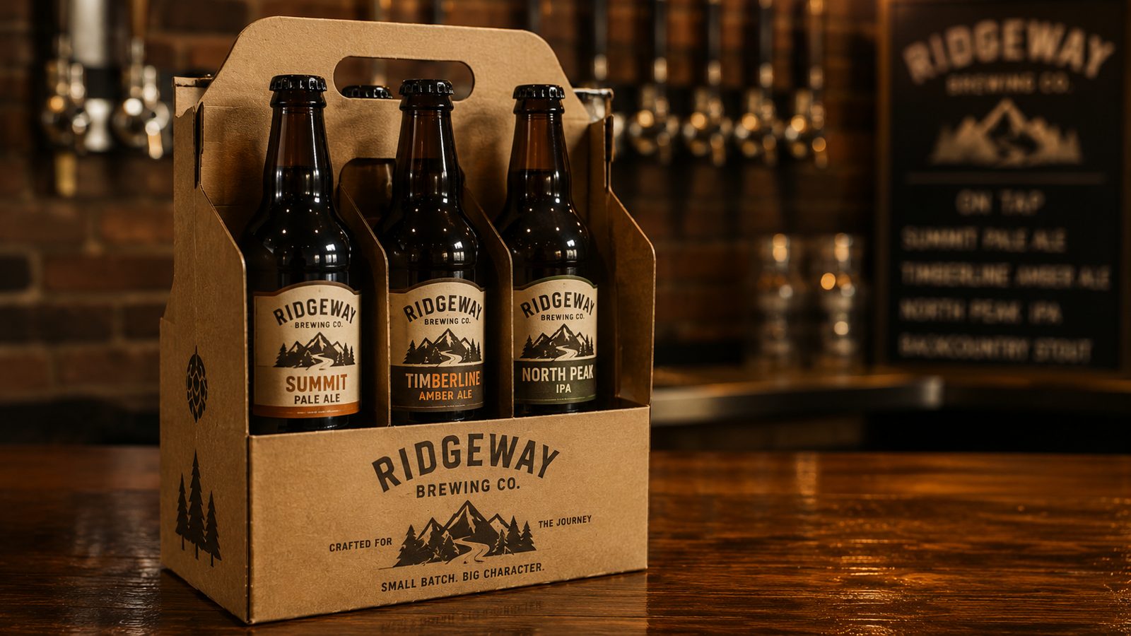 Rigid kraft basket six-pack carrier with a tall die-cut handle holding six bottles, screen-printed logo
