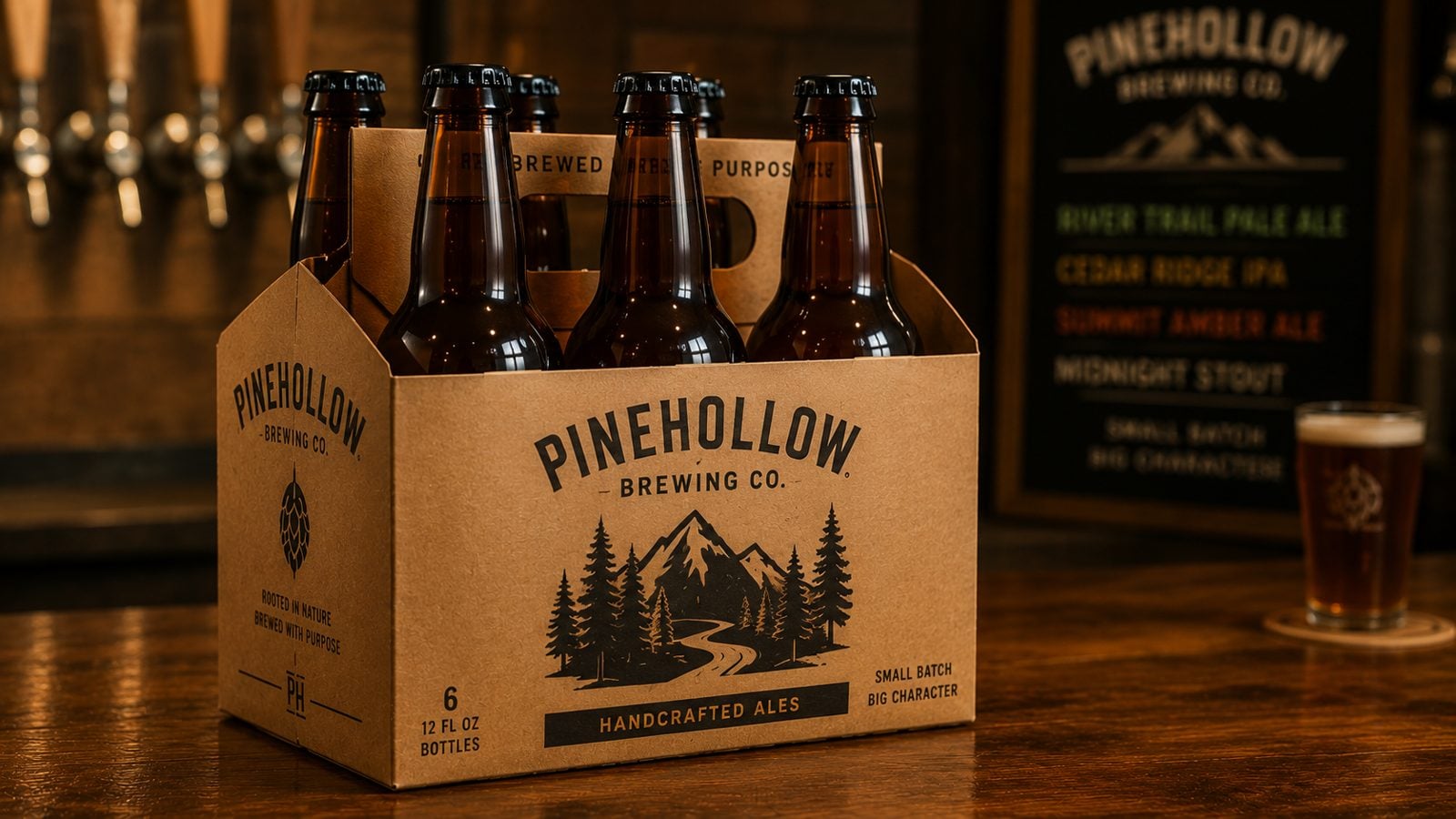 Full-color offset printed bottle six-pack carrier holding six 12oz craft beer bottles with a brewery logo