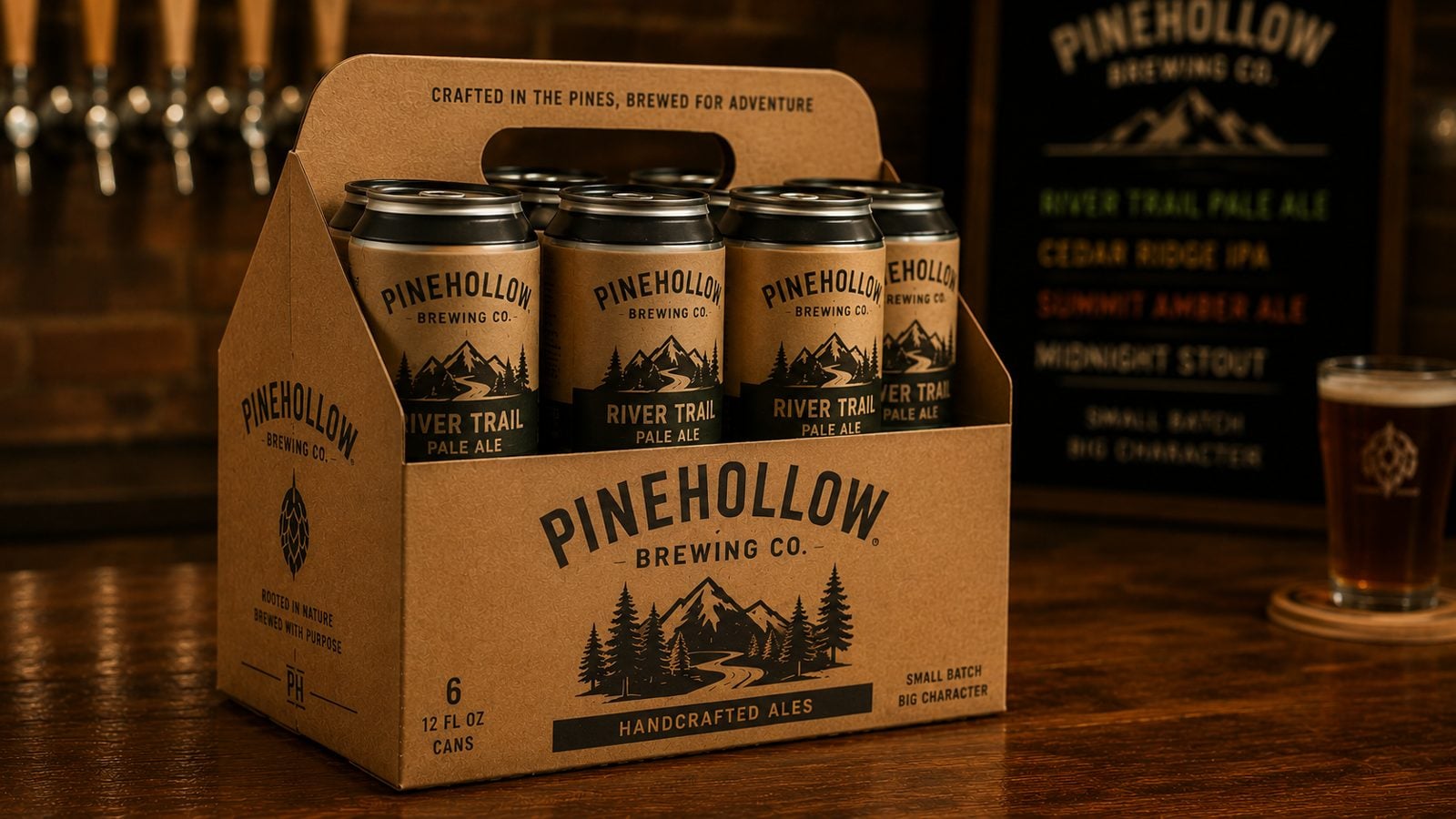 Full-color printed can six-pack carrier wrap holding six 12oz craft beer cans with brand artwork