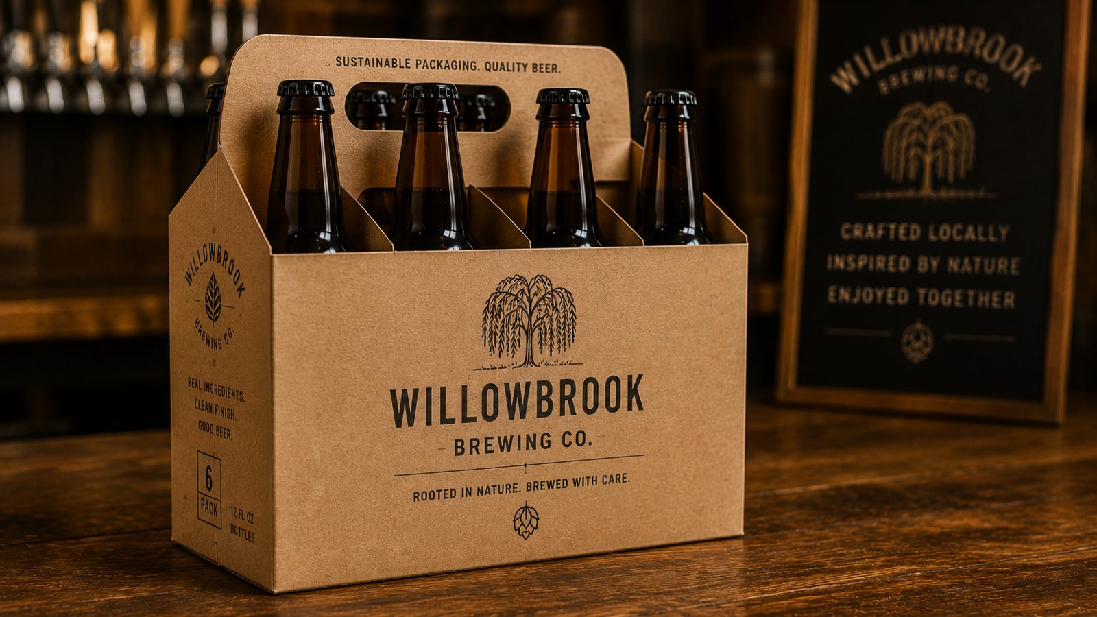 Natural recycled kraft six-pack carrier with a one-color screen-printed logo, plastic-free and compostable