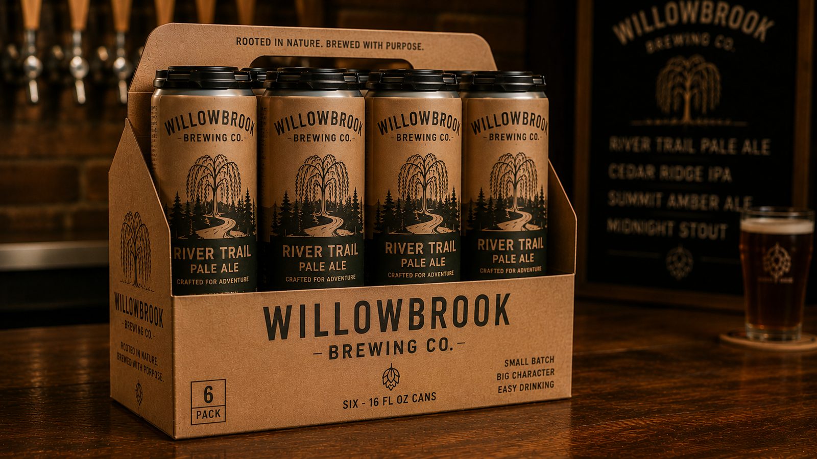 Full-color printed tall can six-pack carrier holding six 16oz tallboy craft beer cans with brand artwork