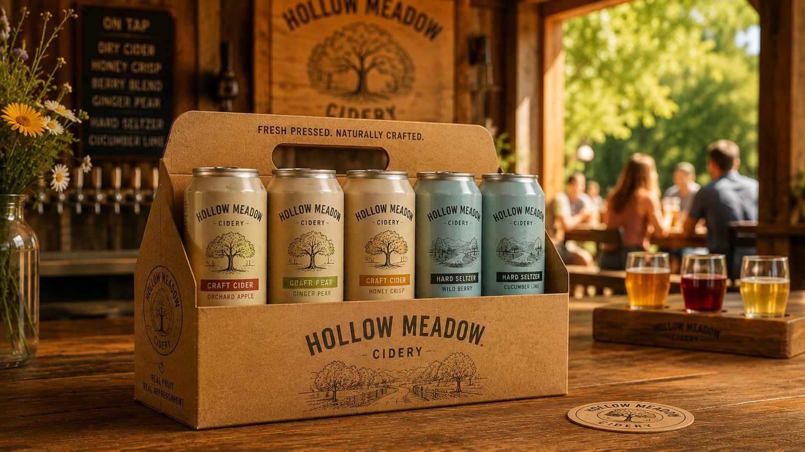 Bright full-color six-pack and four-pack carriers for hard seltzer and cider cans