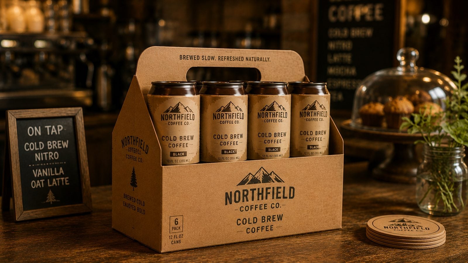 Branded six-pack carrier holding bottled cold-brew coffee as a premium gift set