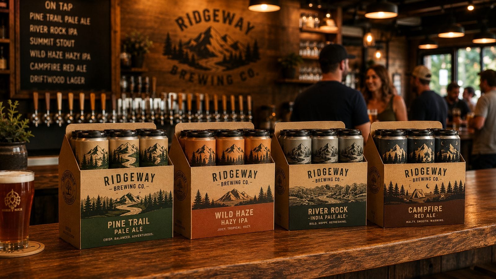 Custom printed six-pack carriers holding craft beer cans on a brewery taproom shelf