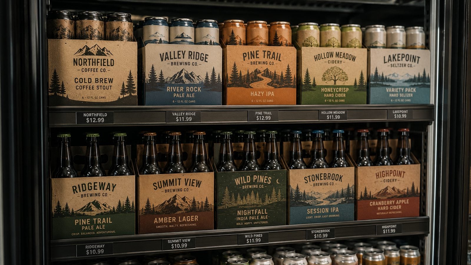 Stacked house-label six-pack carriers in a distribution warehouse
