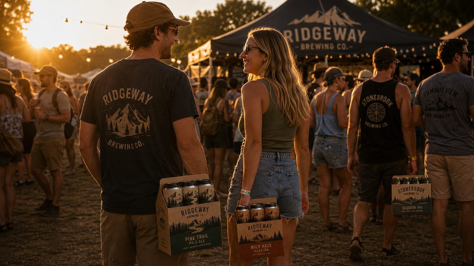 Custom six-pack carriers sold at an outdoor beer festival booth
